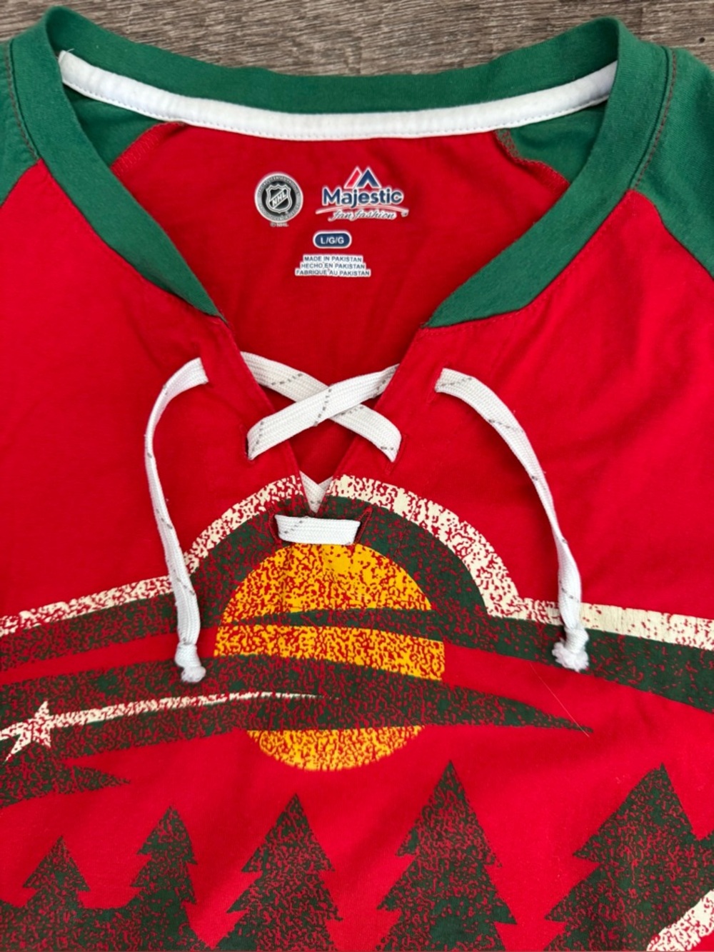 Majestic Women’s MN Wild Red Tee with Green Raglan Sleeves and Logo Patch